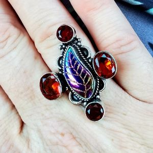 New Carved Rainbow Hematite & Garnet 925 Silver Ring.